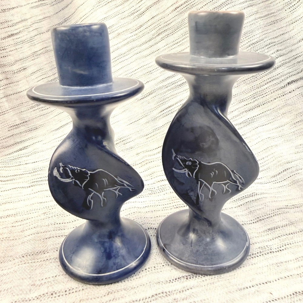 Vintage African Elephant Twist Design Handpainted Soapstone Candle Holders‎